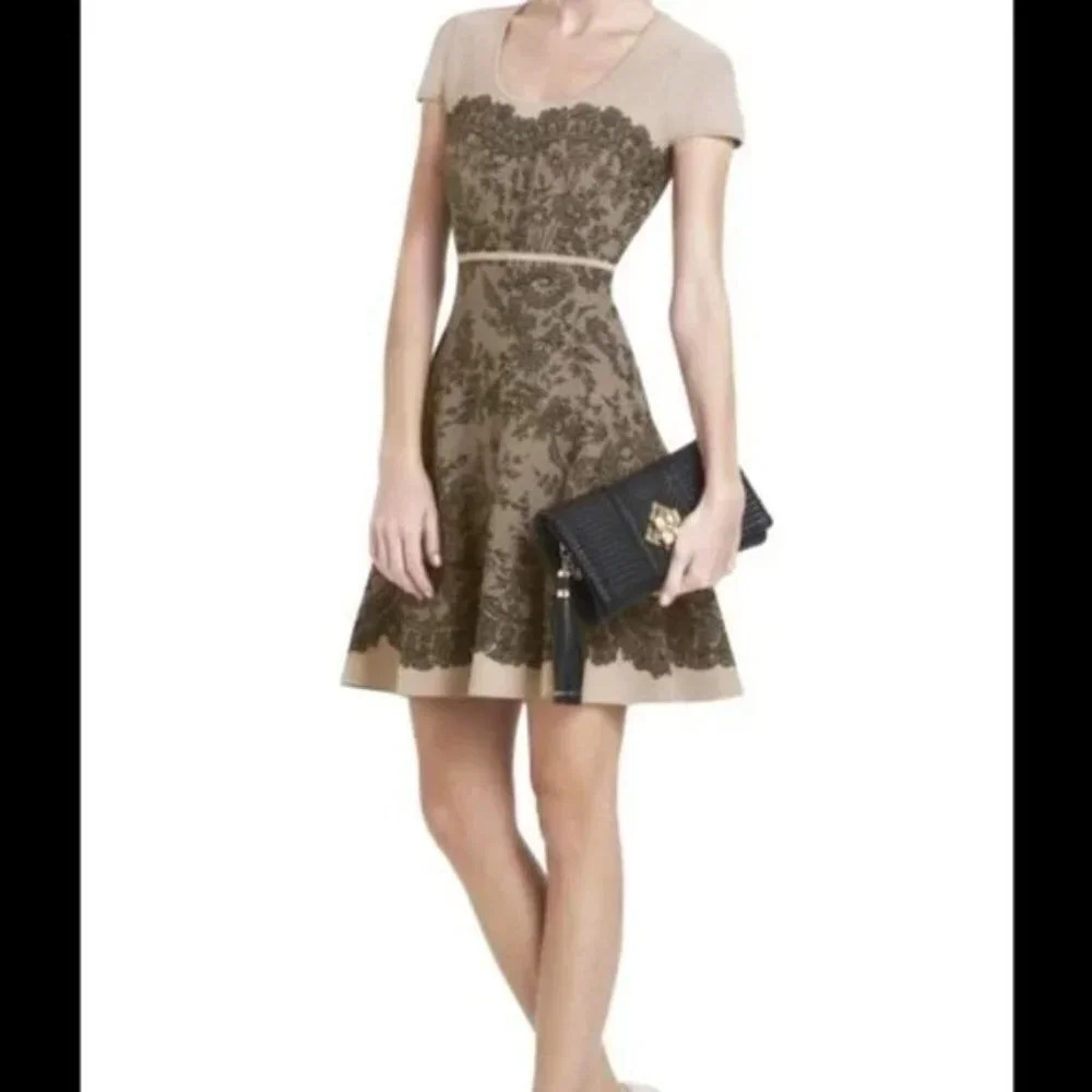 BCBGMaxAzria Mona Tan Black Lace Cocktail Dress $298